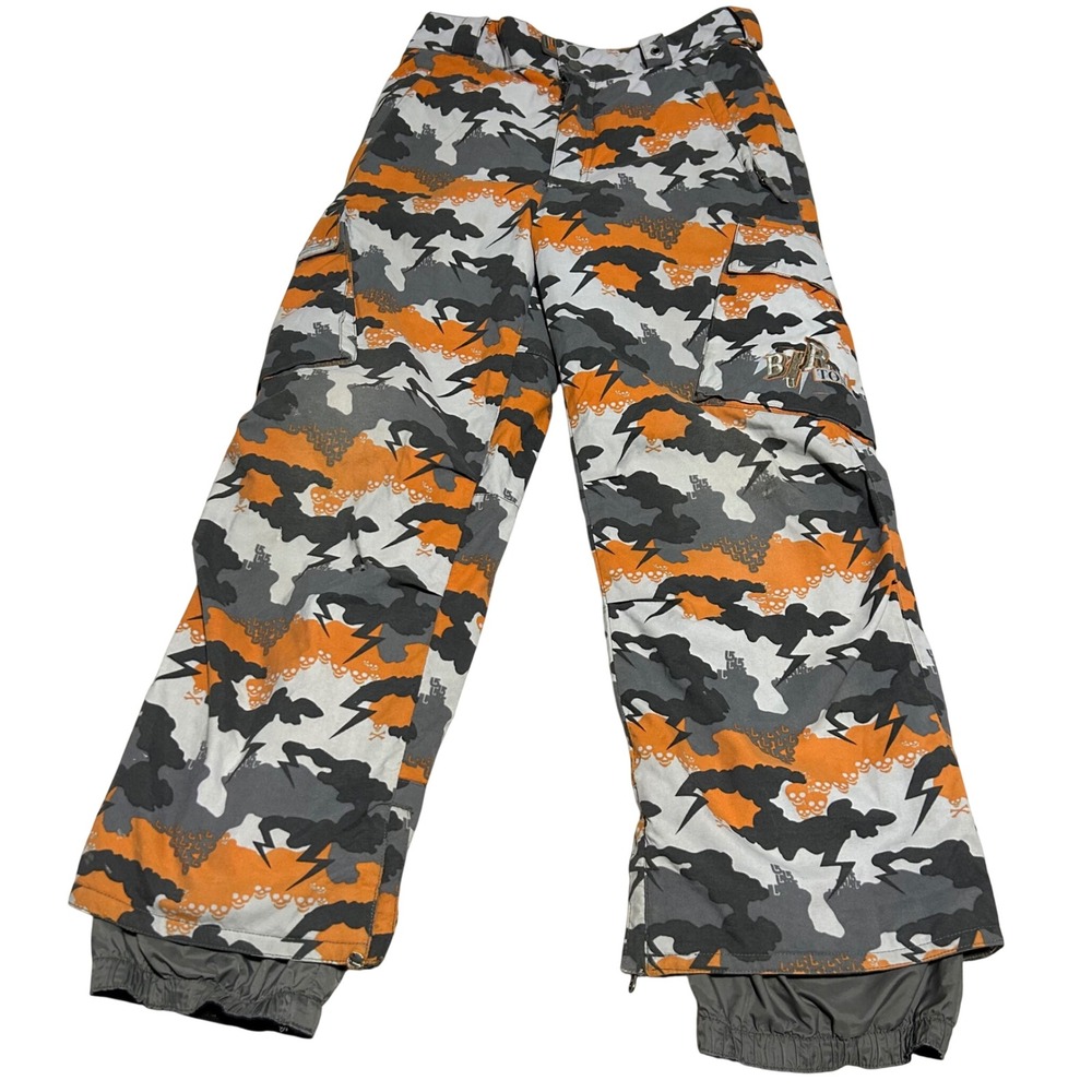 Burton Snow Pants boys L 31x25 Orange Grey Camo Skull Lightning Bolt Cargo